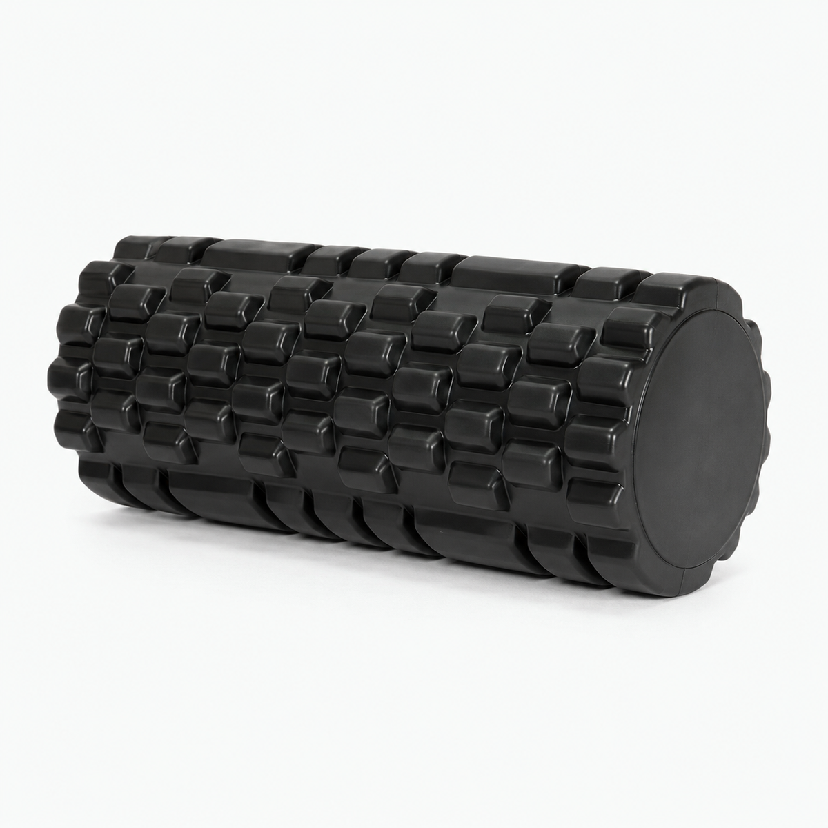 Zwarte foamroller met reliëf voor massage van spieren in benen, rug en andere grote spiergroepen