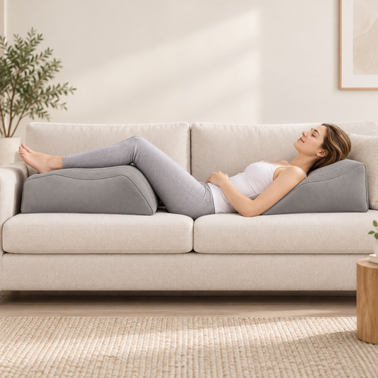 Vrouw ligt ontspannen op de bank met een grijs beenkussen onder de benen voor extra comfort en ondersteuning.