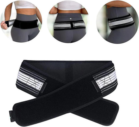 Heupgordel geplaatst op de taille van een vrouw, ondersteund door bekken en onderrug