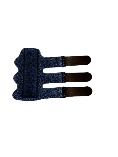 Triggerfinger brace in zwart met verstelbare bandjes voor optimale ondersteuning.