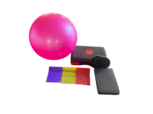 Complete GLA:D Thuis Oefenset met oefenmat, glijschuifje, yogabal, opstapje, elastieken en balansmat – ontwikkeld voor thuisoefeningen bij artrose