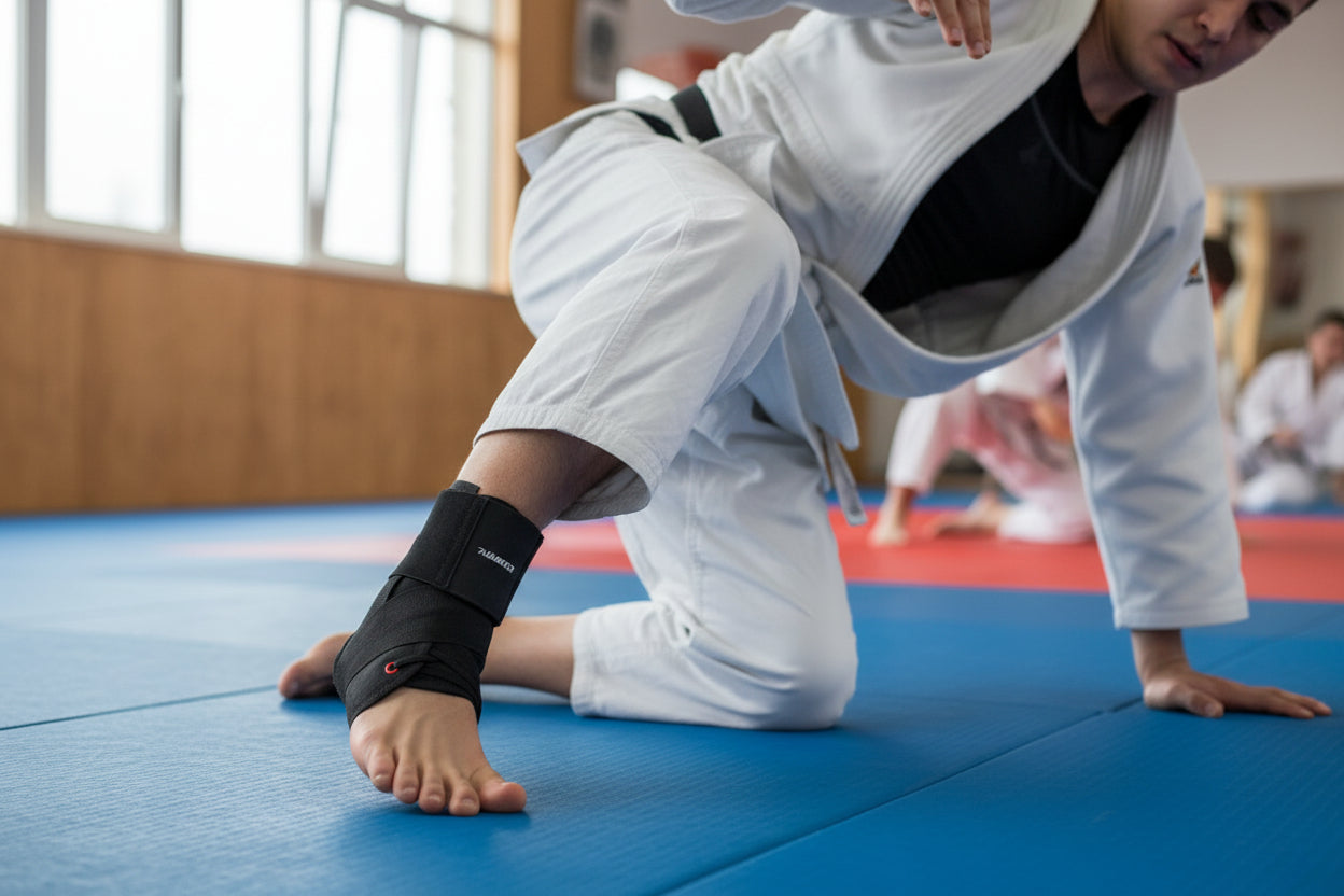 Enkelbrace gebruikt tijdens sport voor extra stabiliteit en bescherming tegen verzwikken