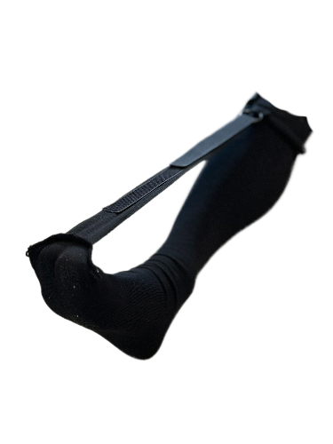 Close-up van een Hielspoor Kous met klittenband en ademende stof zwart