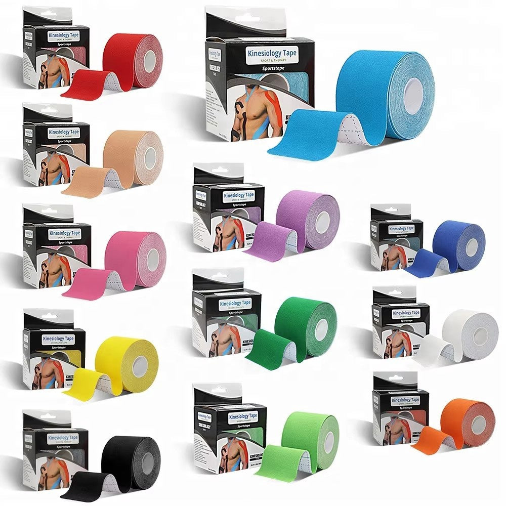 Overzicht van kinesiotape in verschillende kleuren voor spier- en gewrichtsondersteuning