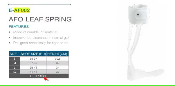 Maattabel voor klapvoet brace met schoenmaten van S t/m XL