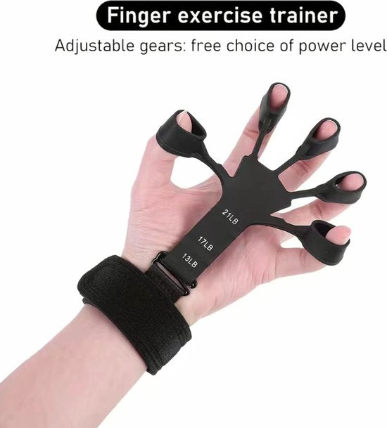 Veelzijdige vingerrekker en gripversterker met instelbare weerstand voor vingertraining en revalidatie.