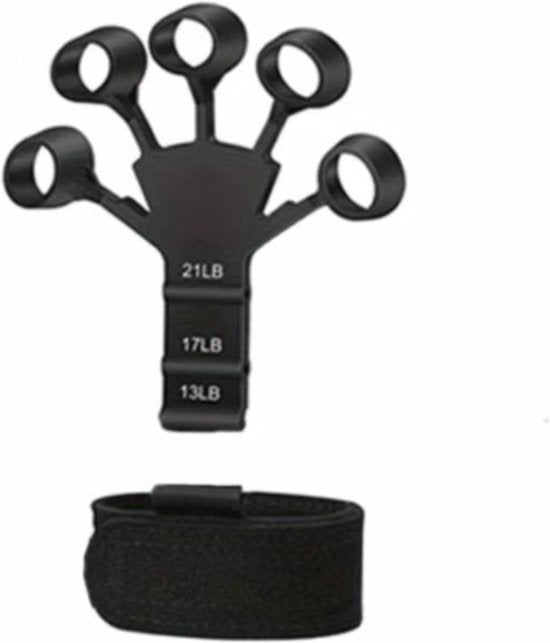 Hand die de vingerrekker gebruikt voor vingerkracht en flexibiliteitsoefeningen. Ideaal voor pianisten en gitaristen.