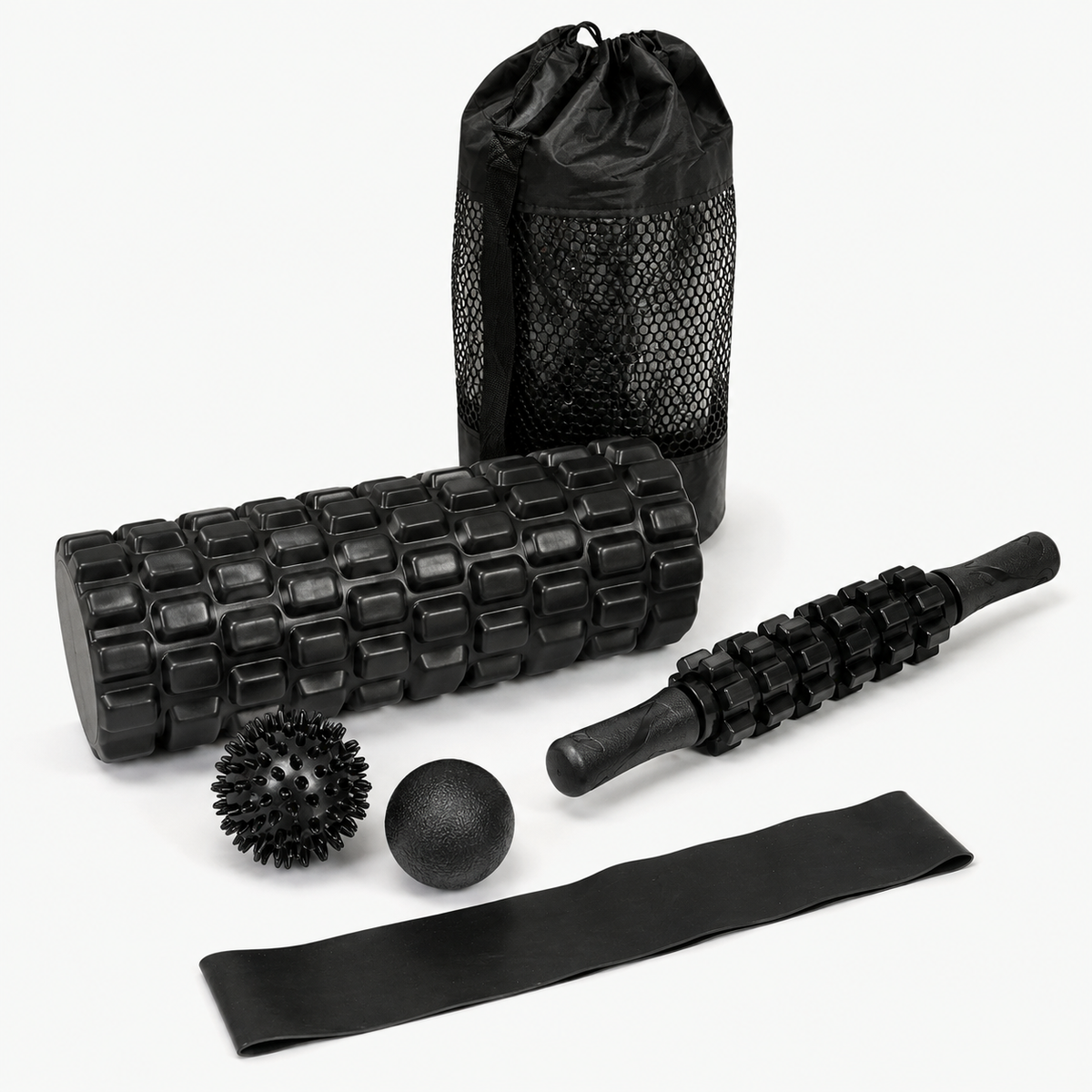 Complete 5-in-1 massage set met foamroller, massage roller, massagebal met puntjes, gladde massagebal en weerstandsband