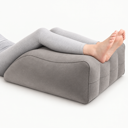 Benen rusten op een grijs ergonomisch beenkussen voor comfortabele ondersteuning en beenelevatie.