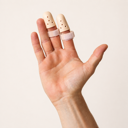 Open hand met beige mallet vinger braces zichtbaar aan de vingers