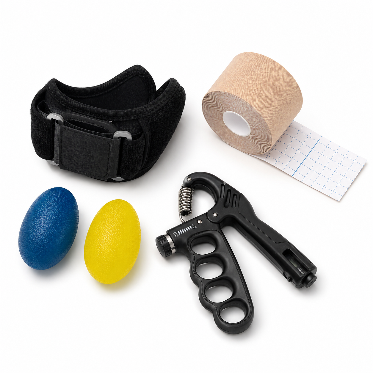 Complete tennisarm set met tennisarm brace, handknijptrainer, gel knijpballen en kinesiotape