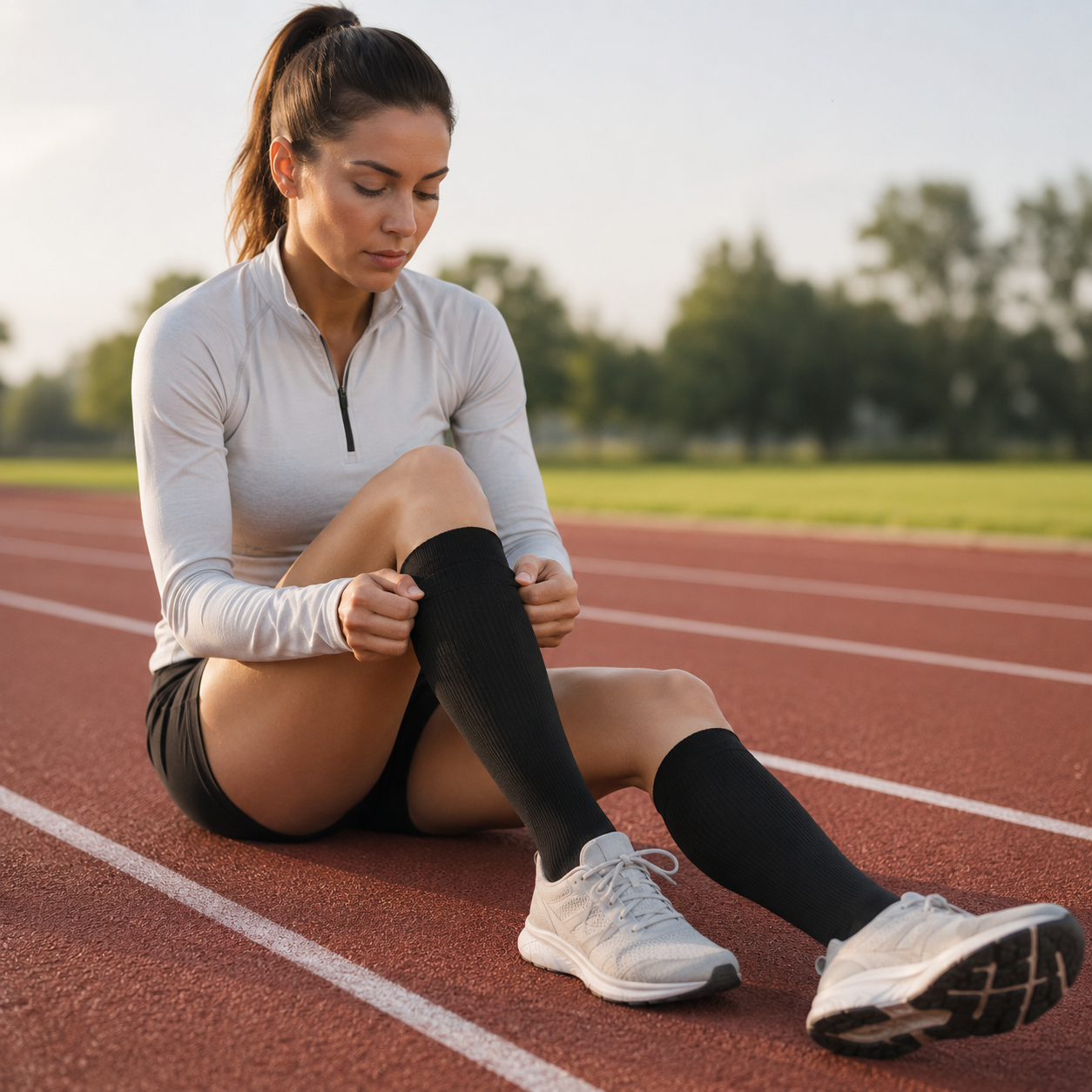 vrouw draagt zwarte compressiekousen tijdens hardlopen en sporten