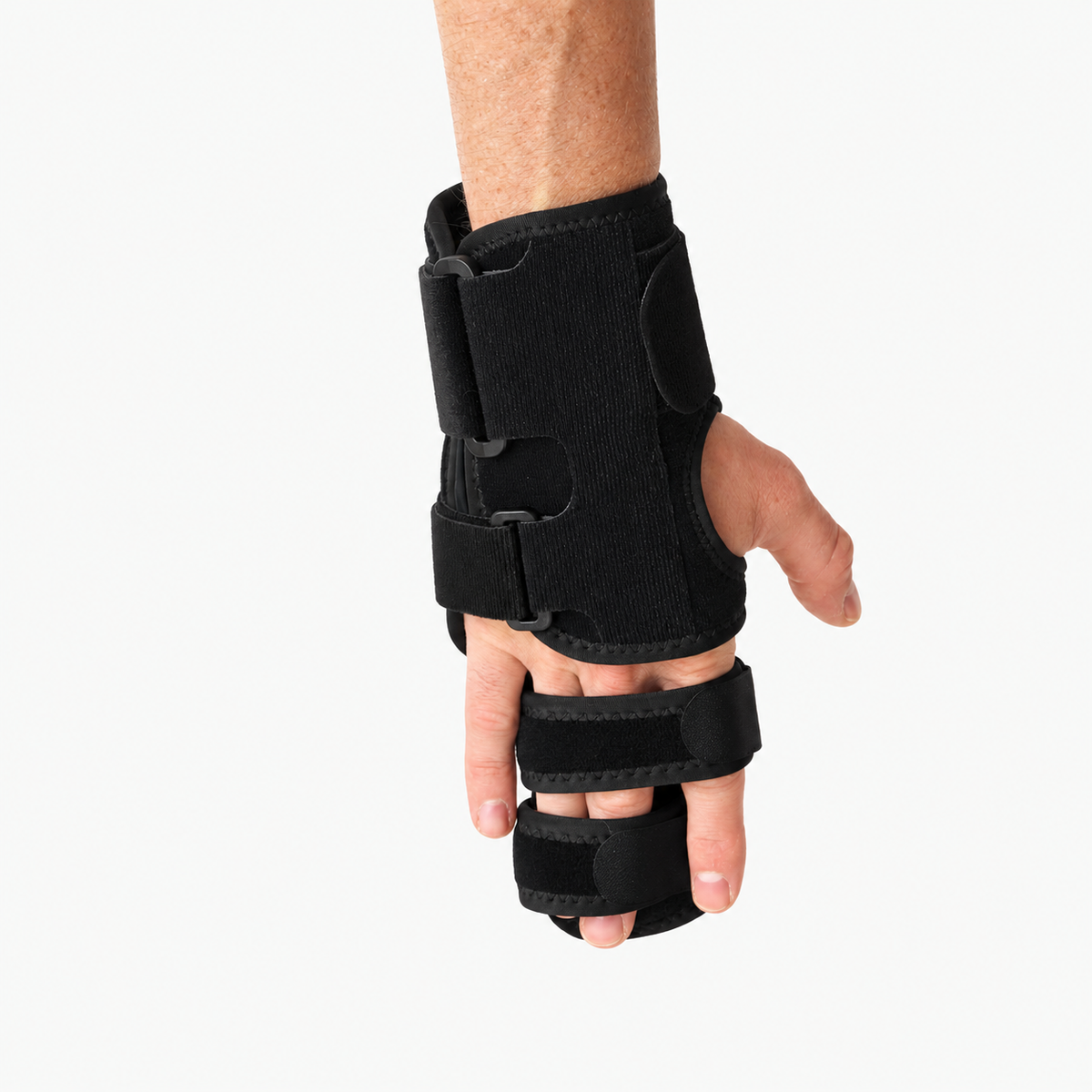Achterzijde van Dupuytren brace met verstelbare fixatie rond hand, pols en vingers