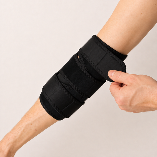 Zwarte elleboogbrace waarbij de verstelbare band wordt aangetrokken voor een stevige pasvorm rond de arm