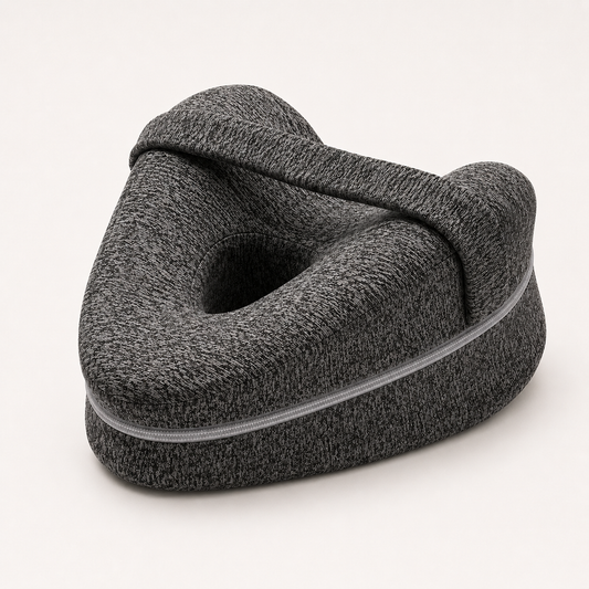 Grijs ergonomisch kniekussen met bevestigingsband om het kussen tijdens het slapen op zijn plaats te houden