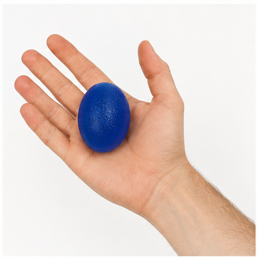 Blauwe gel knijpbal in de hand voor oefeningen van vingers en hand