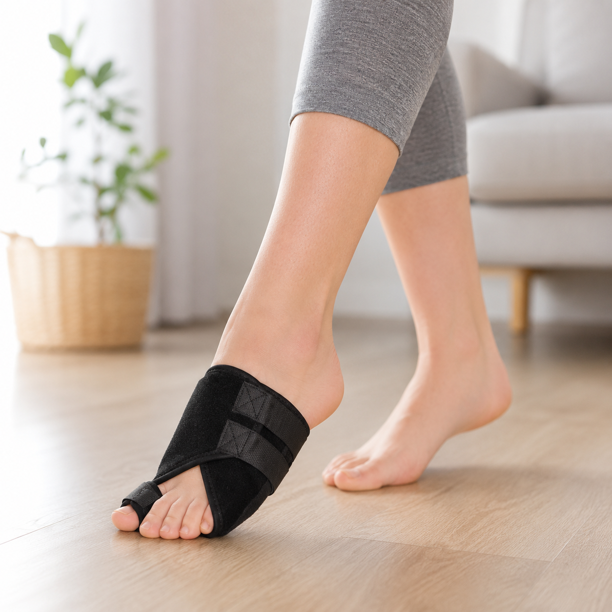Hallux valgus brace gedragen tijdens rustig lopen in huis