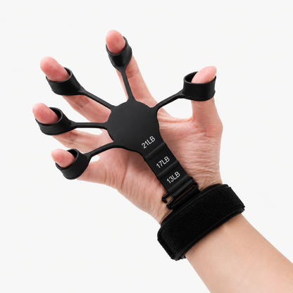 Zwarte handkracht trainer met vijf vingerlussen, polsband en weerstandsniveaus van 13, 17 en 21 lb