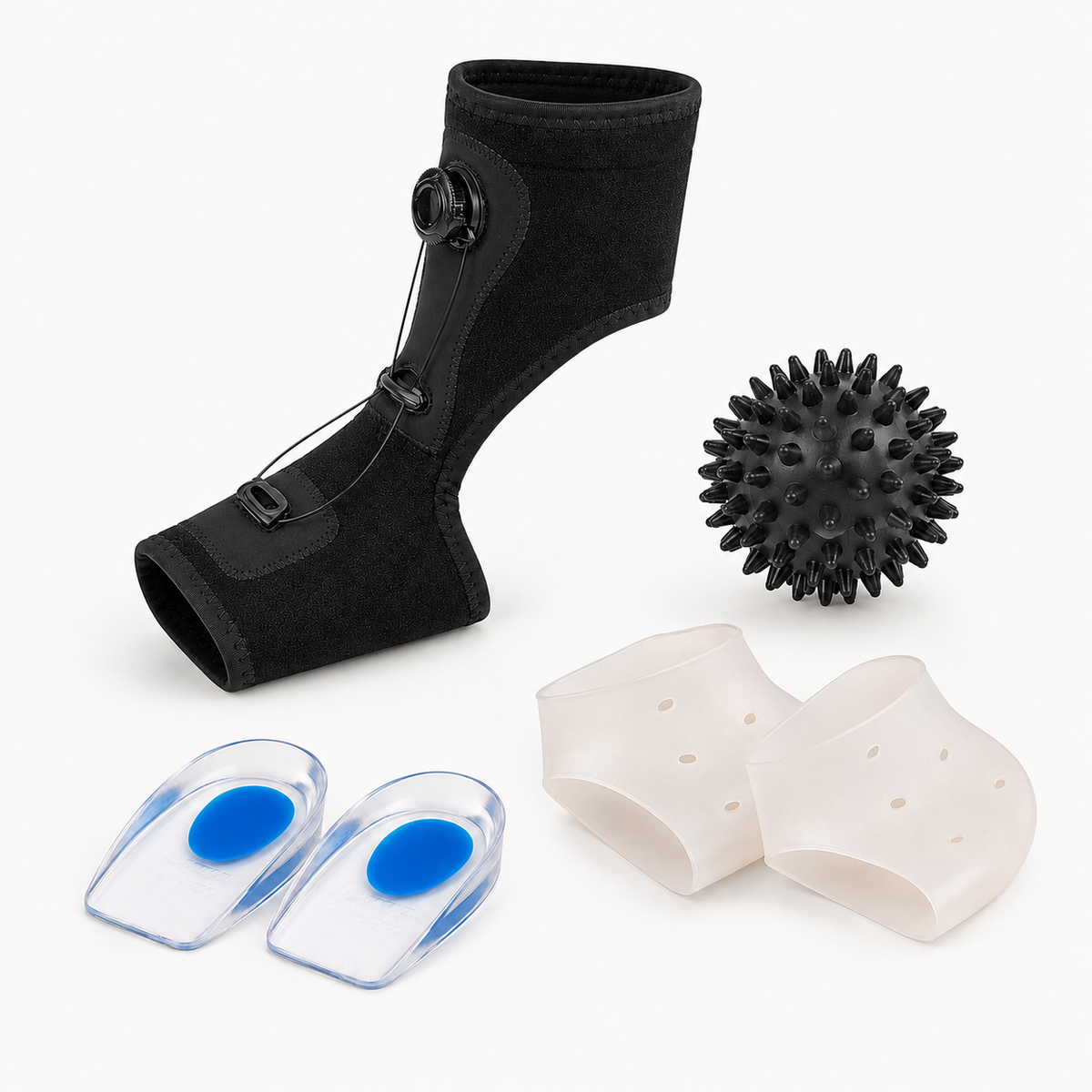 Complete Hielspoor All-in-1 Set met nachtbrace, massagebal, gel hielcups en siliconen gelsokken.