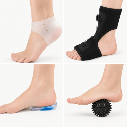 Onderdelen van de Hielspoor All-in-1 Set in gebruik met nachtbrace, hielbeschermer, gel sokken en massagebal