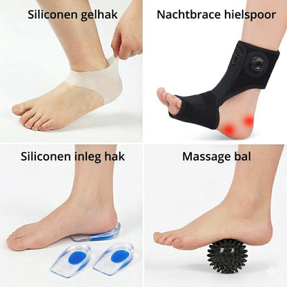 Complete hielspoor set met nachtbrace, massage bal, gel hielsok en siliconen gelhakken