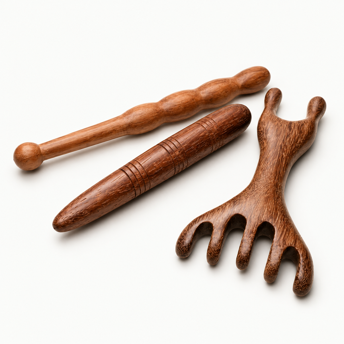 Driedelige houten massage set met massagestok, triggerpoint tool en massagekam voor spier- en triggerpointmassage