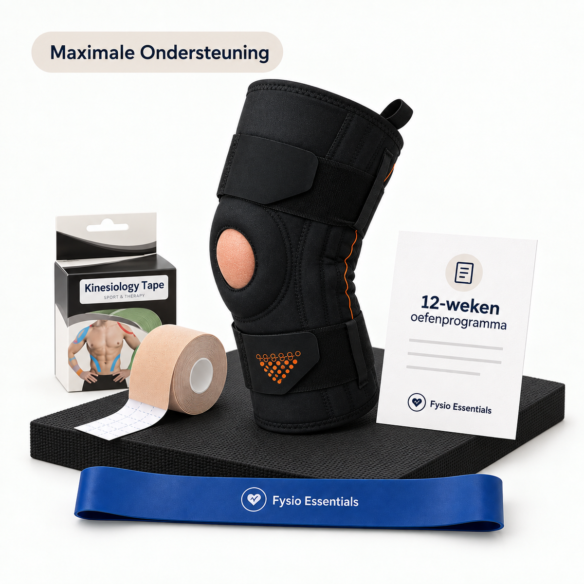 Knie Herstelpakket Maximale Ondersteuning met sterke kniebrace, weerstandsband, kinesiotape, balansmat en 12-weken oefenprogramma