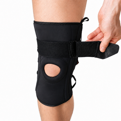 Kniebrace met sterke ondersteuning waarbij de bovenste stabiliteitsband wordt versteld