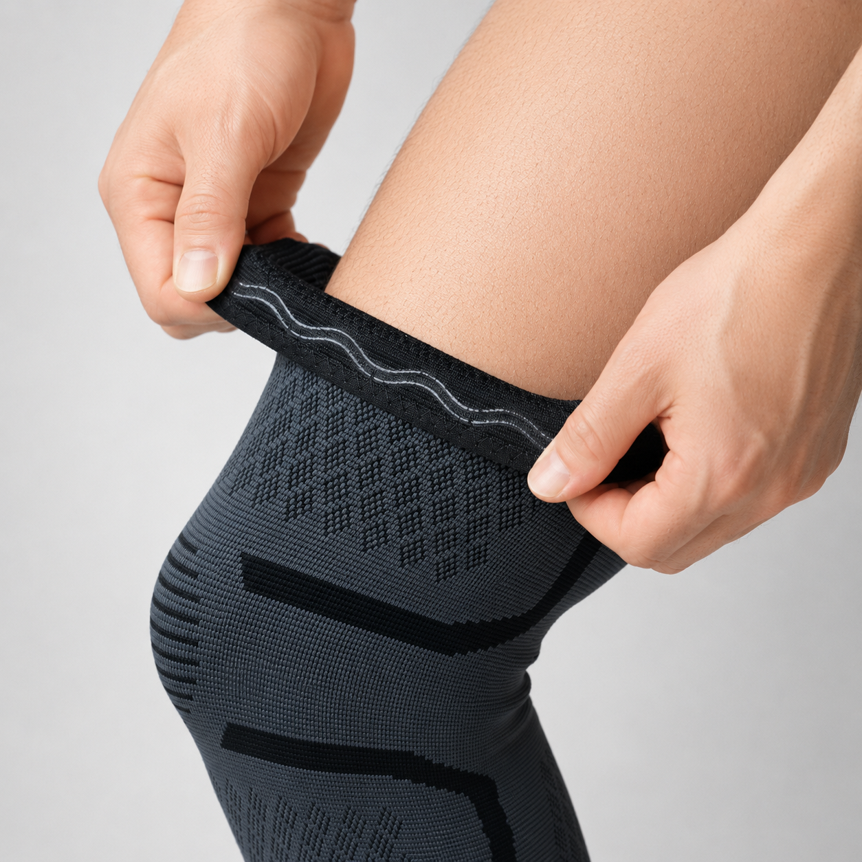 Close-up van de antislip rand aan de binnenzijde van een compressie kniebrace