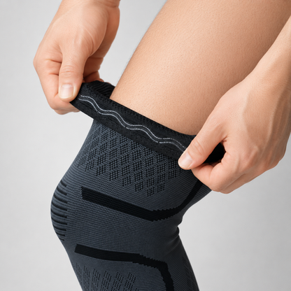Close-up van de antislip rand aan de binnenzijde van een compressie kniebrace