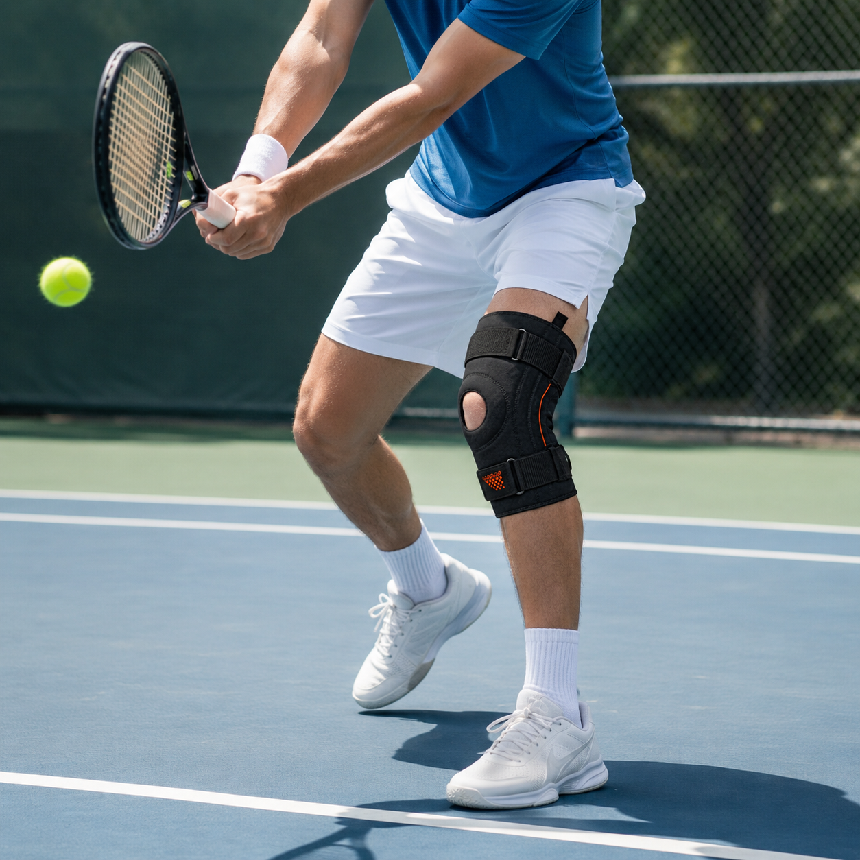 Man draagt een stevige kniebrace tijdens het tennissen