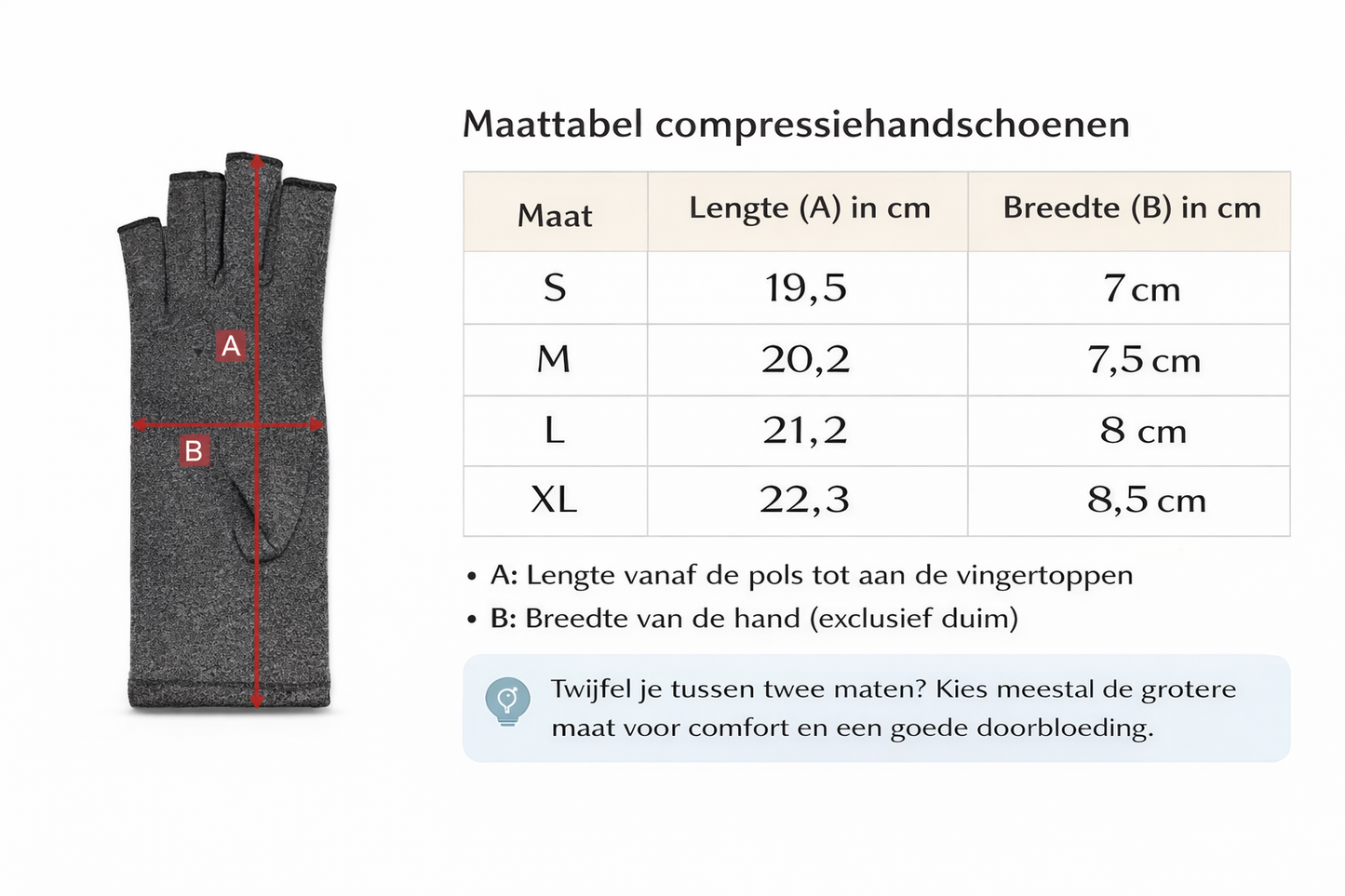 Maattabel voor compressie handschoenen met meetinstructie voor hand en vingers