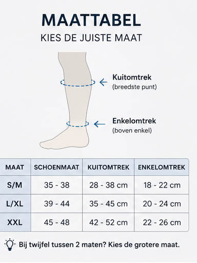 Maattabel voor compressiekousen met schoenmaat, kuitomtrek en enkelomtrek