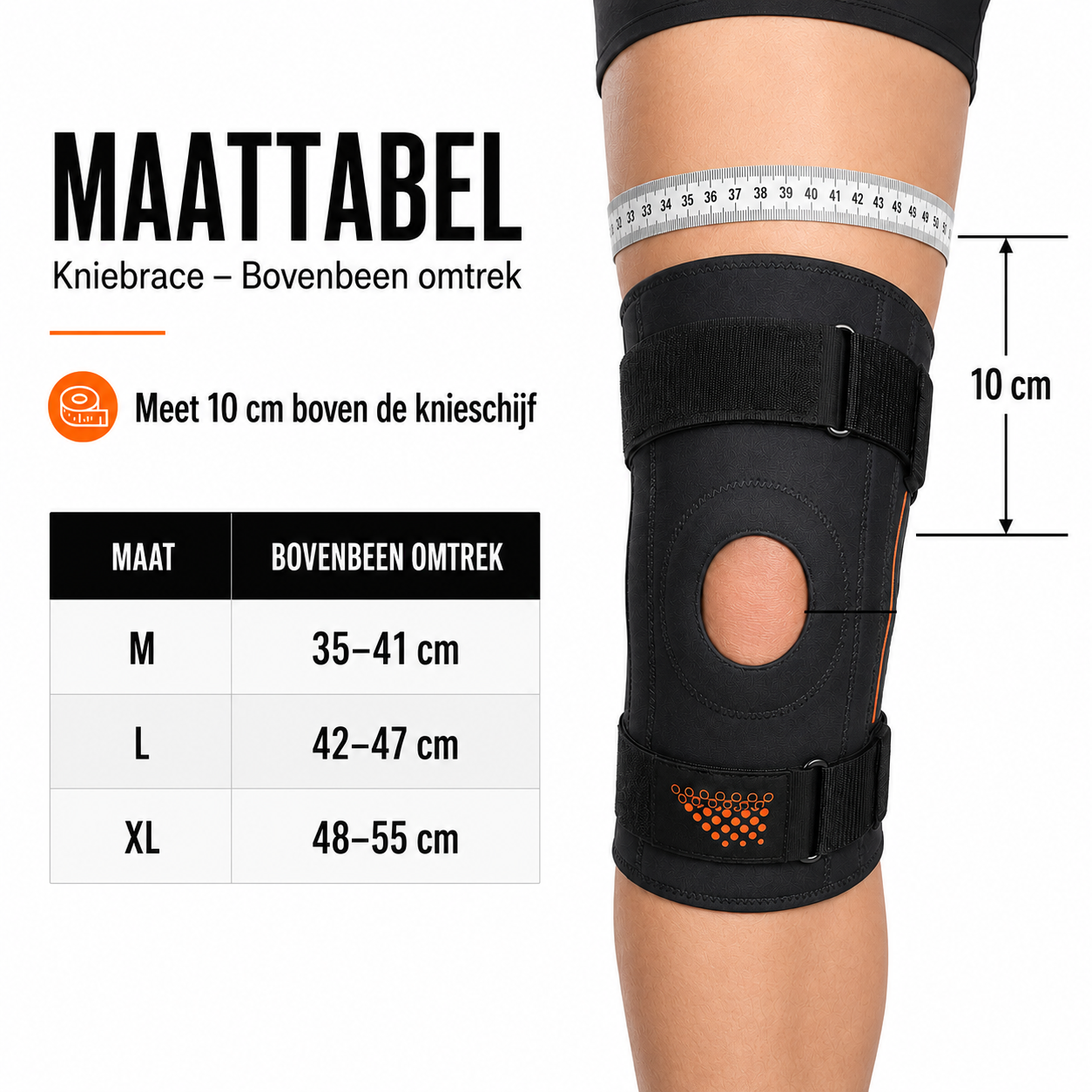 Maattabel voor kniebrace gemeten 10 cm boven het midden van de knieschijf