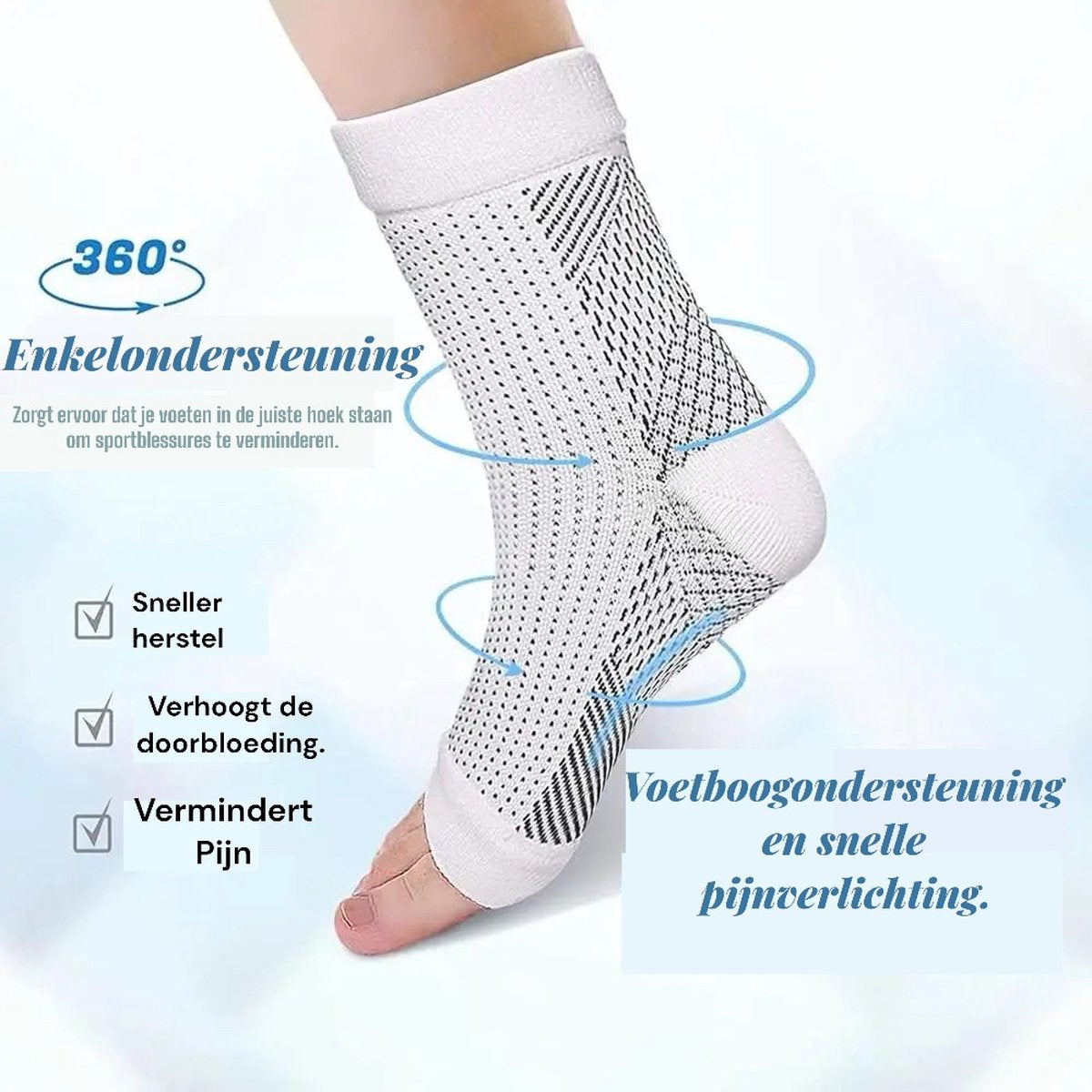 Grijze compressie sokken bij neuropathie netjes platgelegd, met aanduiding van beschikbare schoenmaten.