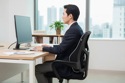 Ergonomisch rugkussen ondersteunt zowel onderrug als bovenrug bij rugpijn door zitten