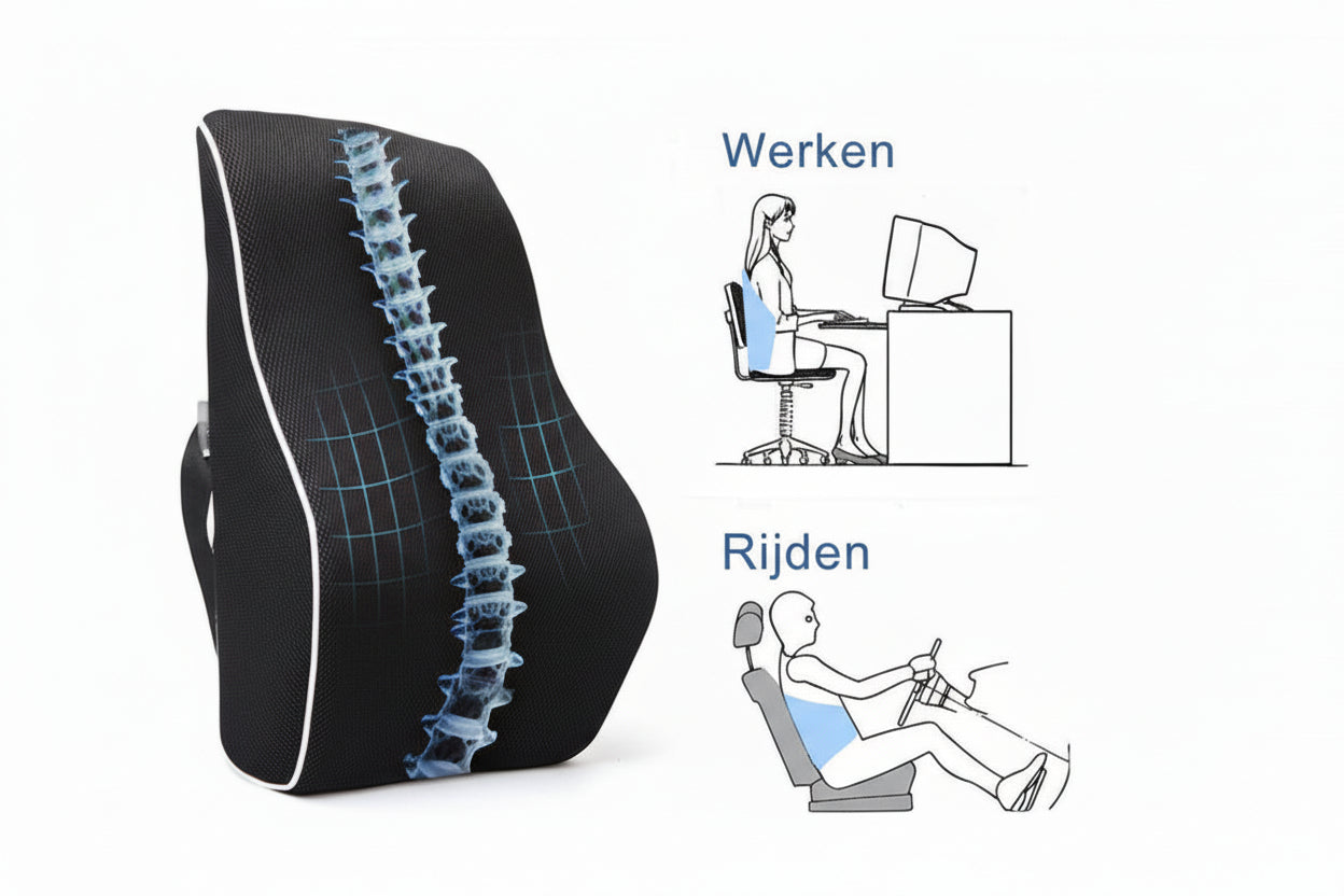 Orthopedisch rugkussen met traagschuim ondersteunt onder- en bovenrug tijdens zitten op bureaustoel