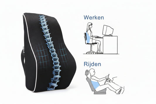 Orthopedisch rugkussen met traagschuim ondersteunt onder- en bovenrug tijdens zitten op bureaustoel