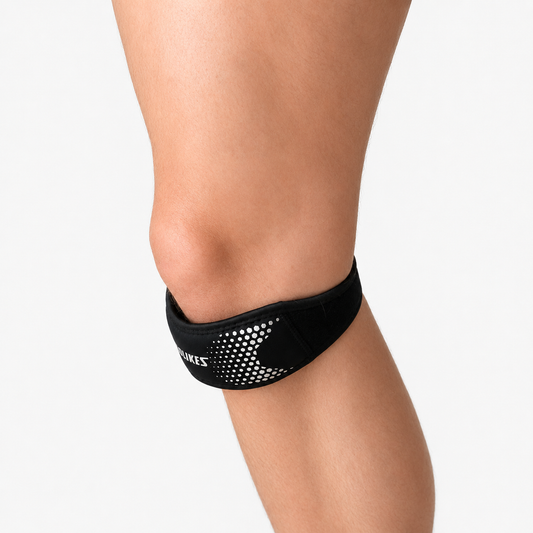 Zwarte patellapees brace gedragen onder de knieschijf voor gerichte ondersteuning van de patellapees