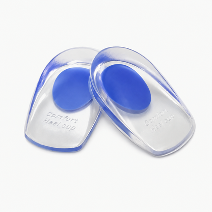 Transparante siliconen gelhakken met blauwe dempingszone voor ondersteuning en comfort onder de hiel