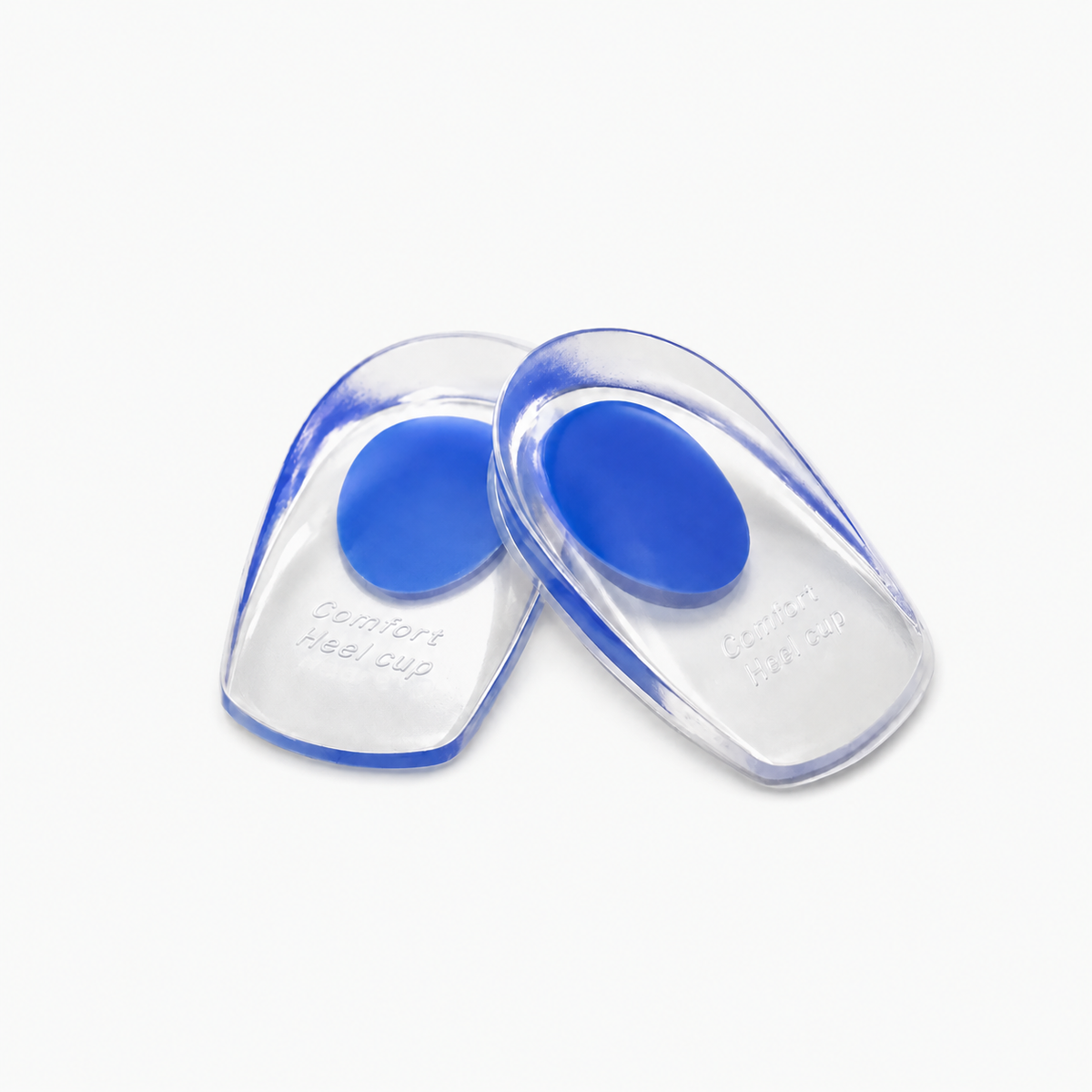 Set van twee transparante siliconen hielcups met blauwe gelzone voor demping en ondersteuning van de hiel