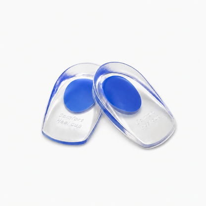 Set van twee transparante siliconen hielcups met blauwe gelzone voor demping en ondersteuning van de hiel