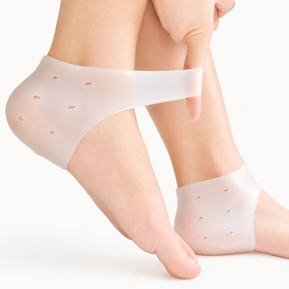 Flexibele siliconen gelsok die over de hiel wordt aangetrokken met ventilatiegaatjes voor comfortabel gebruik