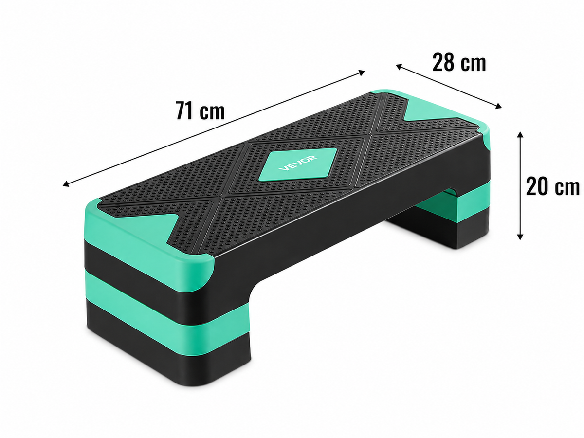 Productfoto van een zwarte en mintgroene stepbank met afmetingen 71 x 28 cm en verstelbare hoogte