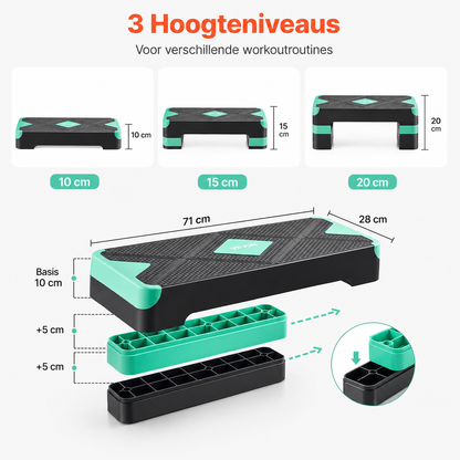 Verstelbare fitness step met 3 hoogteniveaus van 10, 15 en 20 cm