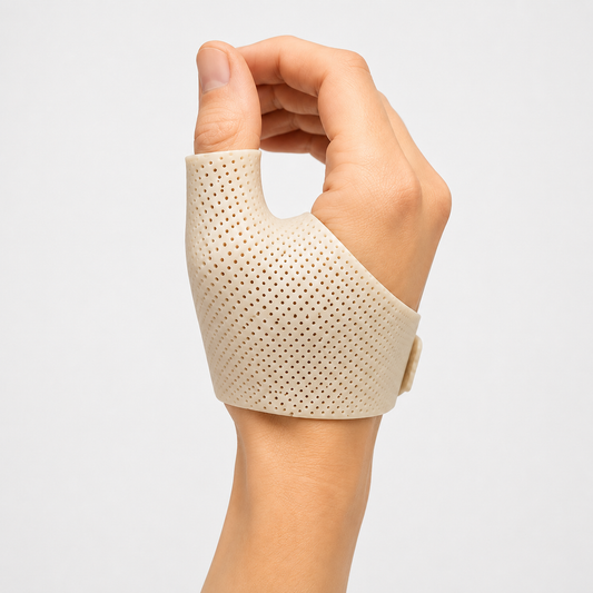 Hand met een op maat gemaakte duimspalk van geperforeerd thermoplastisch spalkmateriaal