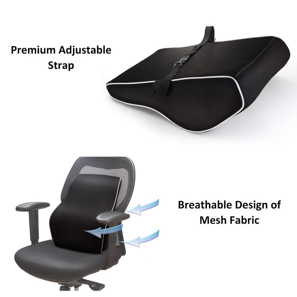 Orthopedisch rugkussen met verstelbare riemen voor stabiele bevestiging op bureaustoel of autostoel
