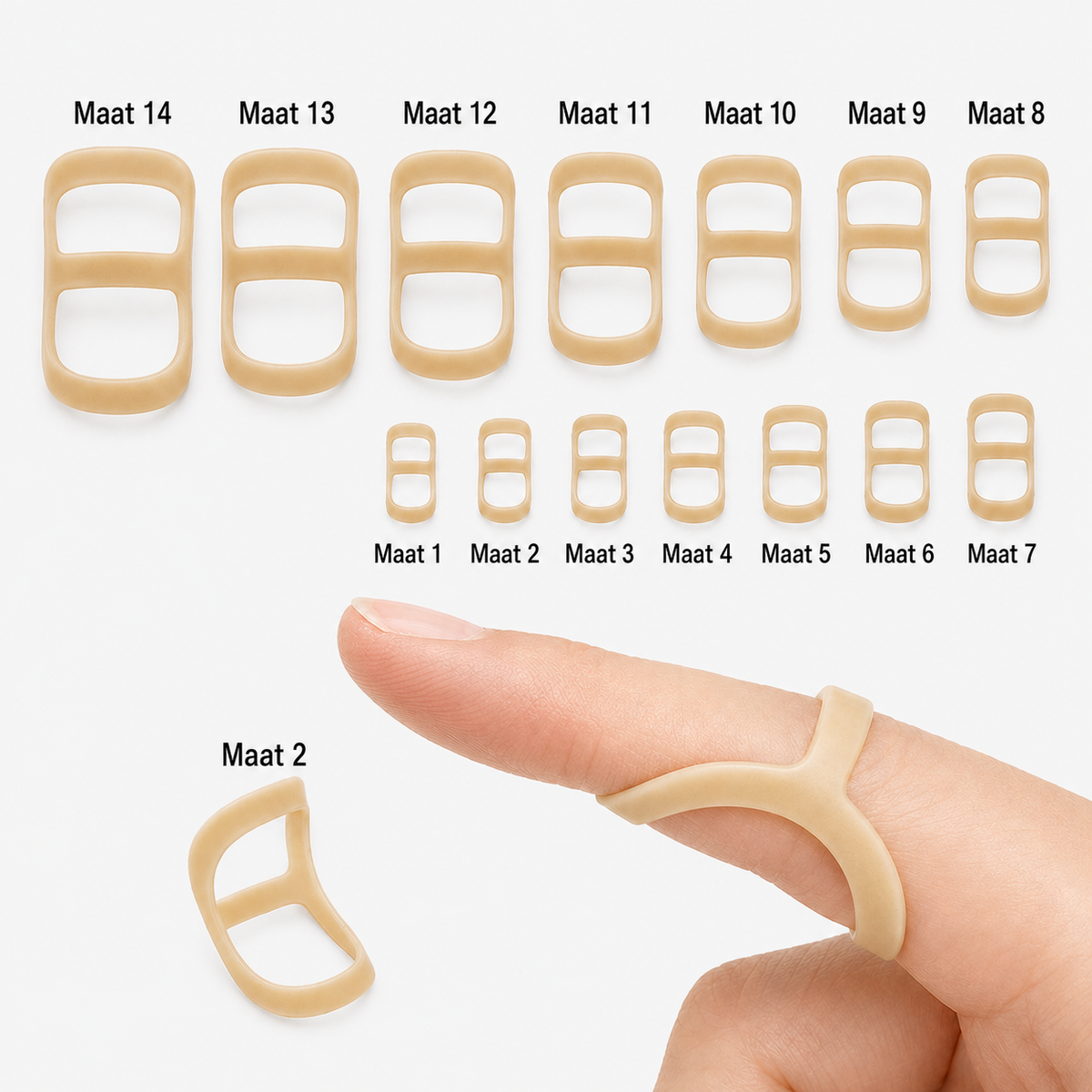 Complete set van 14 vinger splints in verschillende maten voor een passende ondersteuning van de vinger.