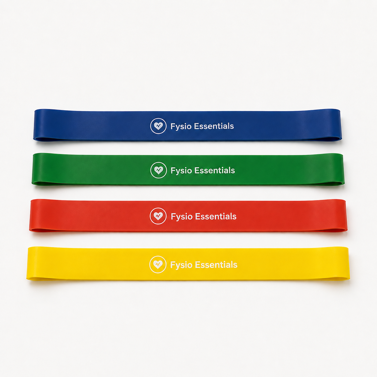 Set van vier Fysio Essentials weerstandsbanden in geel, rood, groen en blauw voor fitness, krachttraining en revalidatie.
