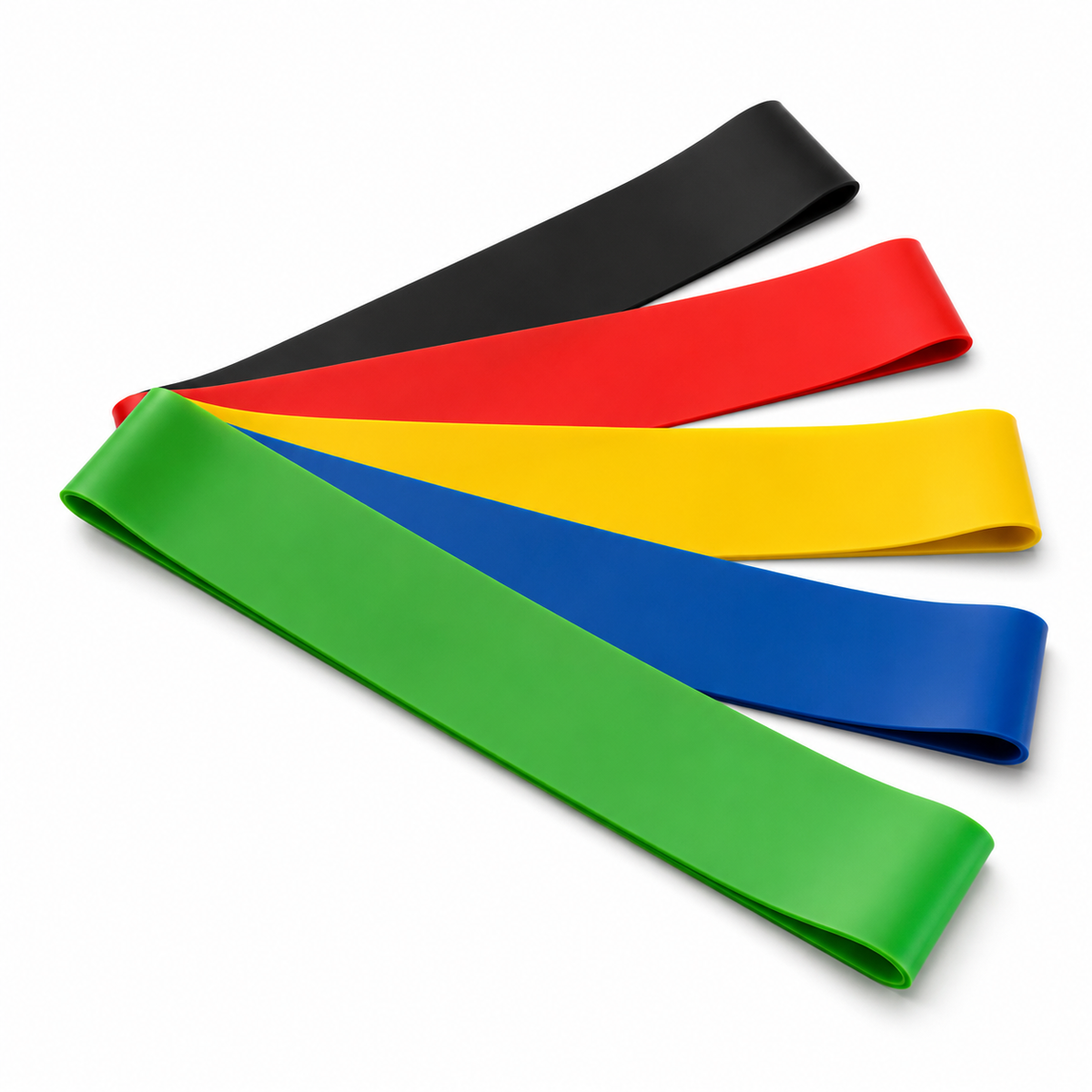 Set van vijf weerstandsbanden in zwart, rood, geel, blauw en groen op een witte achtergrond